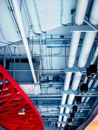Ceiling with ventilation pipes and lights in industrial building