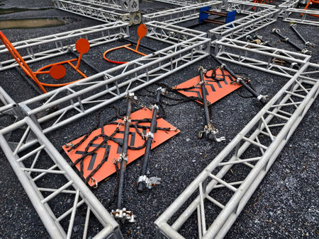 Metal parts of the stage are stacked on top of each other