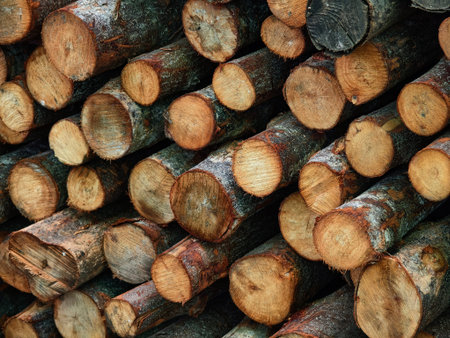 Logs are neatly piled on top of one another, forming a stack