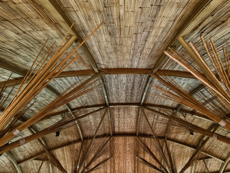 A detailed view of a wooden bamboo ceiling with perforationsの写真素材