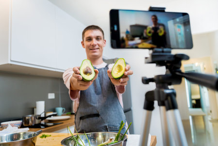 The chef is broadcasting live from workshop how to prepare a vegetarian food