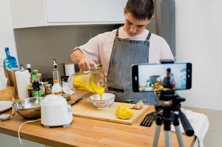 The chef is broadcasting live from workshop how to prepare a vegetarian food