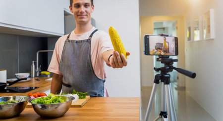 The chef is broadcasting live from workshop how to prepare a spicy glass noodle salad