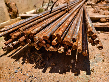 Sturdy steel rebars at a construction siteの写真素材