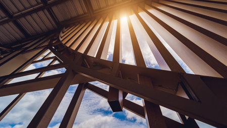 A structure featuring wooden slats on construction site contributing to its architectural styleの写真素材