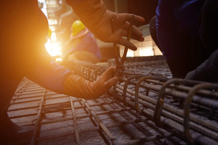 A group of builders is busy constructing a metal structureの写真素材