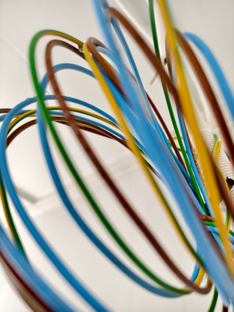 A collection of various wires is hanging down from the ceilingの写真素材