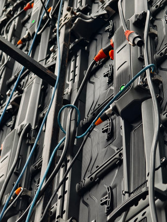A bunch of electrical wires and connectors are hanging down from a led panelの写真素材