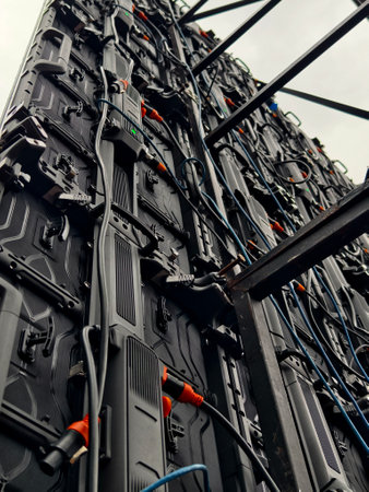 A bunch of electrical wires and connectors are hanging down from a led panelの写真素材