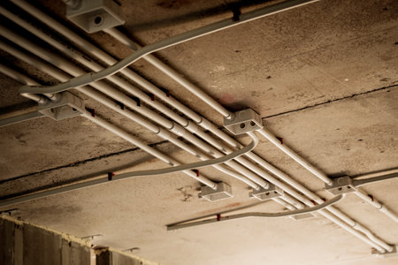 The electrical wiring at the construction site is completed and suspended from the ceilingの写真素材