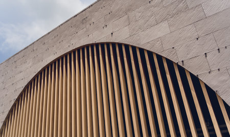 A structure featuring wooden slats on construction site contributing to its architectural style.の写真素材