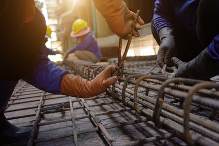 A group of builders is busy constructing a metal structureの写真素材