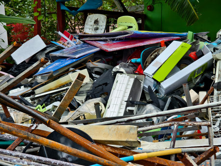 A pile of garbage with a bucket, rope, bottles, and other items at a landfill