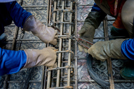 A group of builders is busy constructing a metal structure