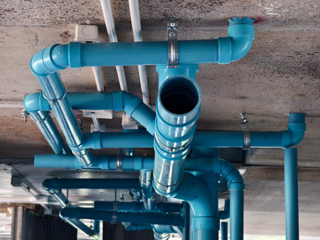 A bright blue pipes attached to a solid concrete wall