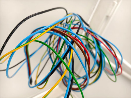 A collection of various wires is hanging down from the ceiling