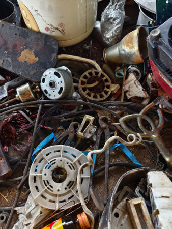 A pile of garbage with a bucket, rope, bottles, and other items at a landfillの写真素材