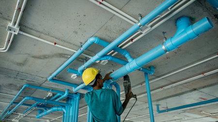 A worker donned in a bright yellow hard hat working with blue pipes