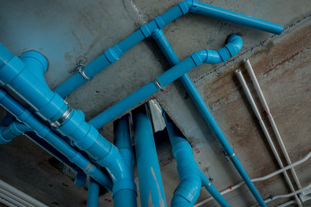 A bright blue pipes attached to a solid concrete wall