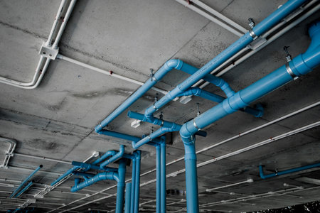 A large building currently under construction that has many blue pipes