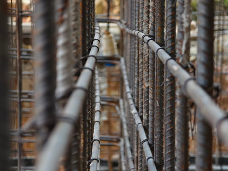 Sturdy steel rebars at a construction siteの写真素材