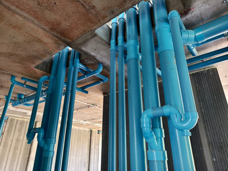 A bright blue pipes attached to a solid concrete wall