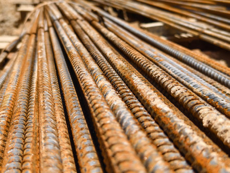 Sturdy steel rebars at a construction siteの写真素材
