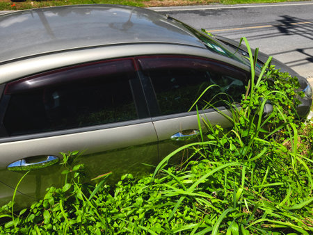 A silver car that has a broken tire and is covered with leavesの写真素材