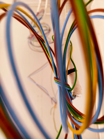A collection of various wires is hanging down from the ceiling