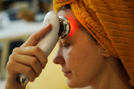Young woman using infrared massager