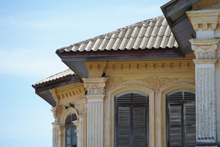 Detailed view of windows, doors and balconies of city buildings