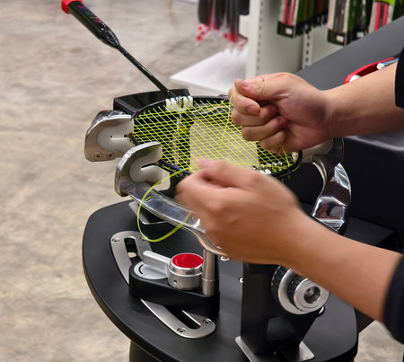 Strings a badminton racket on a racket stringing machine.