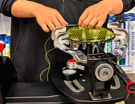 Strings a badminton racket on a racket stringing machine.の写真素材