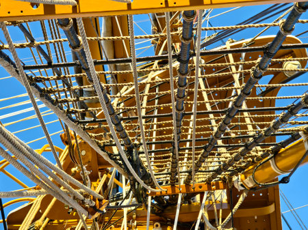 Ropes stretched across the masts of an old shipの写真素材