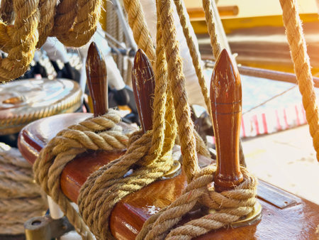 Ropes stretched across the masts of an old shipの写真素材