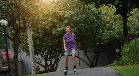 A woman is rollerblading gracefully on a road located in a parkの写真素材