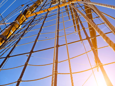 Ropes stretched across the masts of an old ship