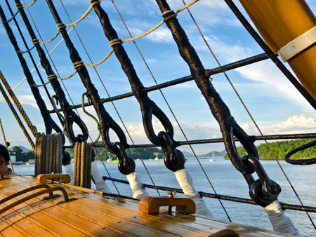 Ropes stretched across the masts of an old shipの写真素材