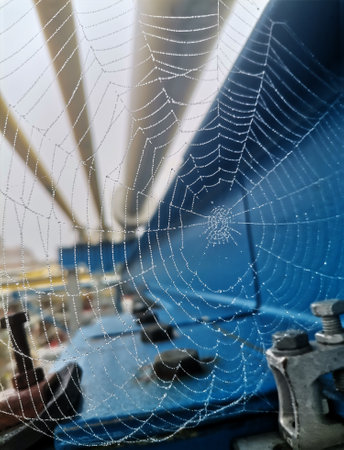This is a detailed view of a spider web intricately wovenの写真素材
