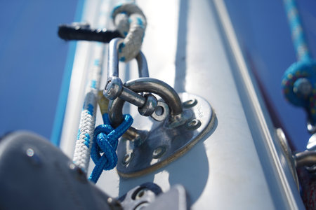 Tall sturdy mast of a sailboat stands out vividly against the bright blue sky.の写真素材