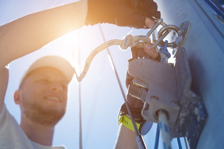 Male captain on deck of sailboat opening sails pulling the ropeの写真素材