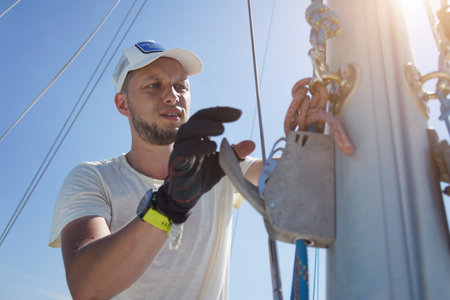 Male captain on deck of sailboat opening sails pulling the ropeの写真素材