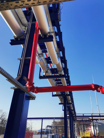 Steel structure is under construction on the construction site against a blue sky backdrop