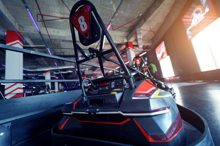 New electric go karts in the modern indoor racing trackの写真素材