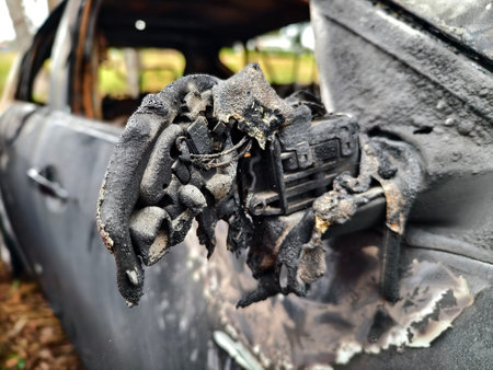 Charred remnants of a vehicle interior left behind after a devastating fire incidentの写真素材