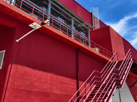 A set of stairs ascending a large red wallの写真素材