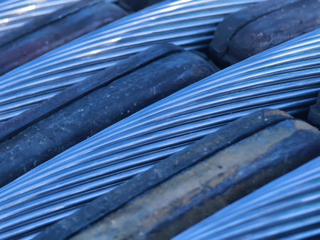 A large wooden spool of high-voltage electric wires is located on the road