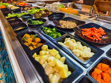 A salad bar featuring an extensive variety of fresh vegetables and fruitsの写真素材