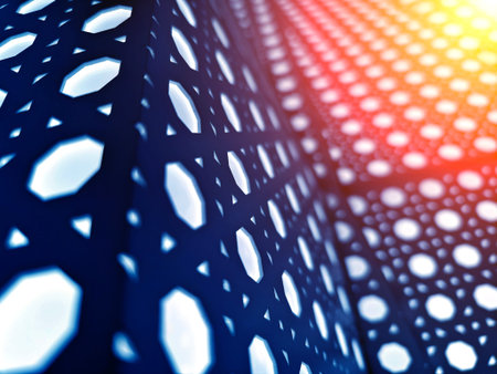 The design features a background that is adorned with numerous white dots scattered across it