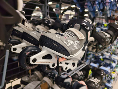 Roller skates are stacked neatly, creating an interesting display